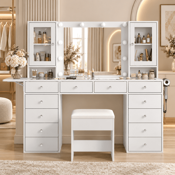 Yanosaku Vanity Desk with Mirror, 10 LED Lights, 12 Drawers, Glass Top Vanity Table with Stool for Bedroom