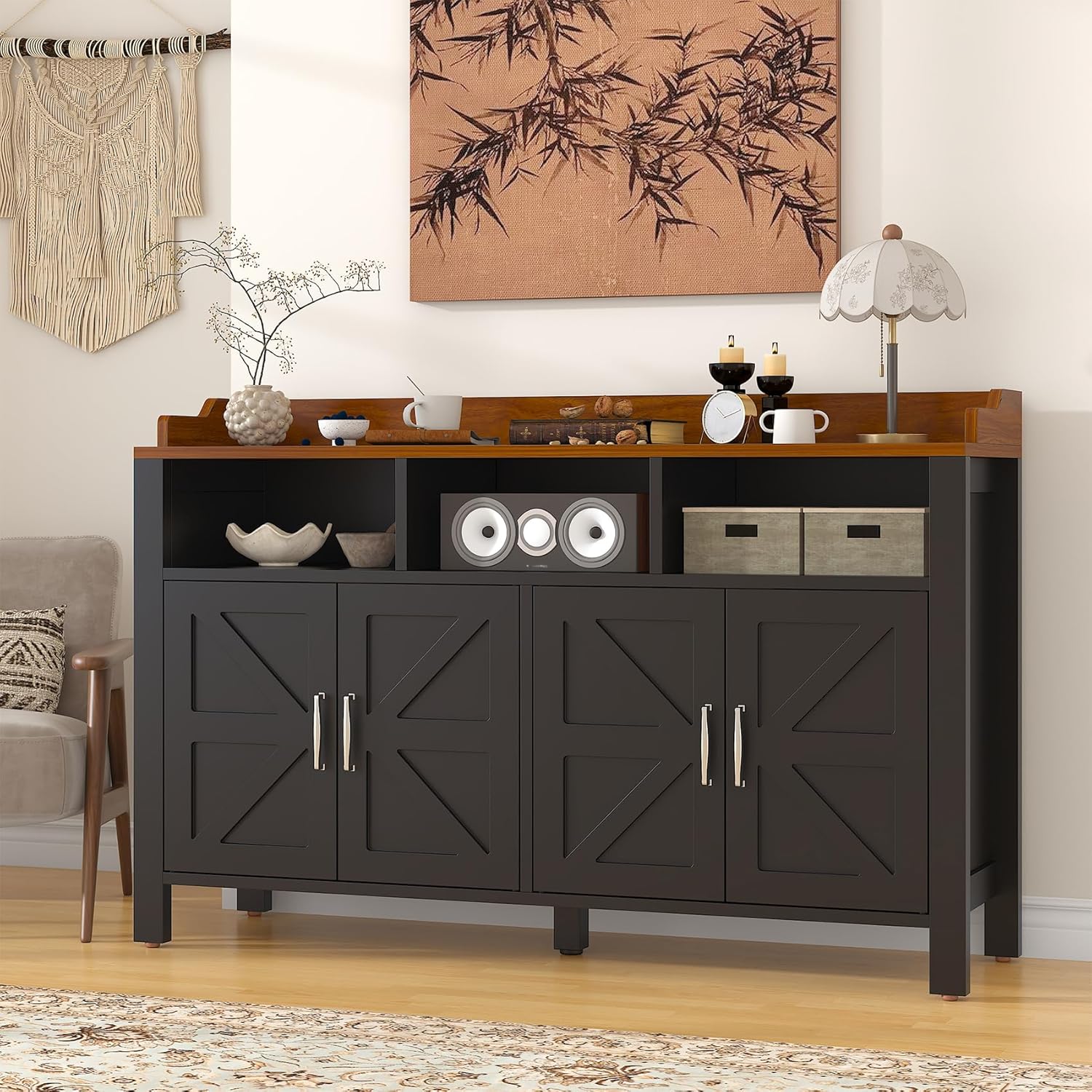HAUXITIO 55" Farmhouse Buffet Cabinet with 4 Doors & Open Shelves,Kitchen Storage Sideboard for Dining Room & Living Room,Black