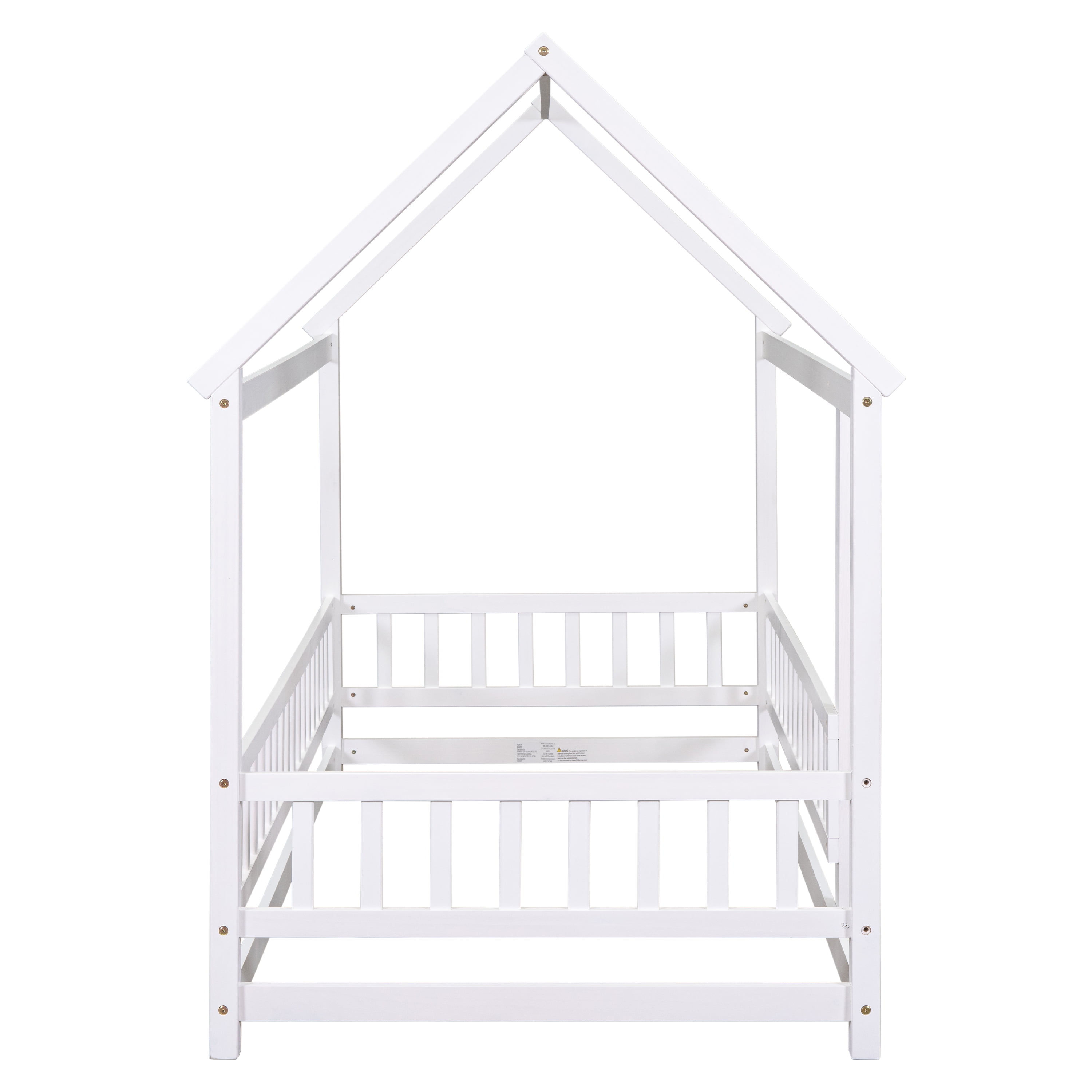 Miniyam Kids Twin Montessori House Floor Bed with Fence, Wood Roof Frame, White