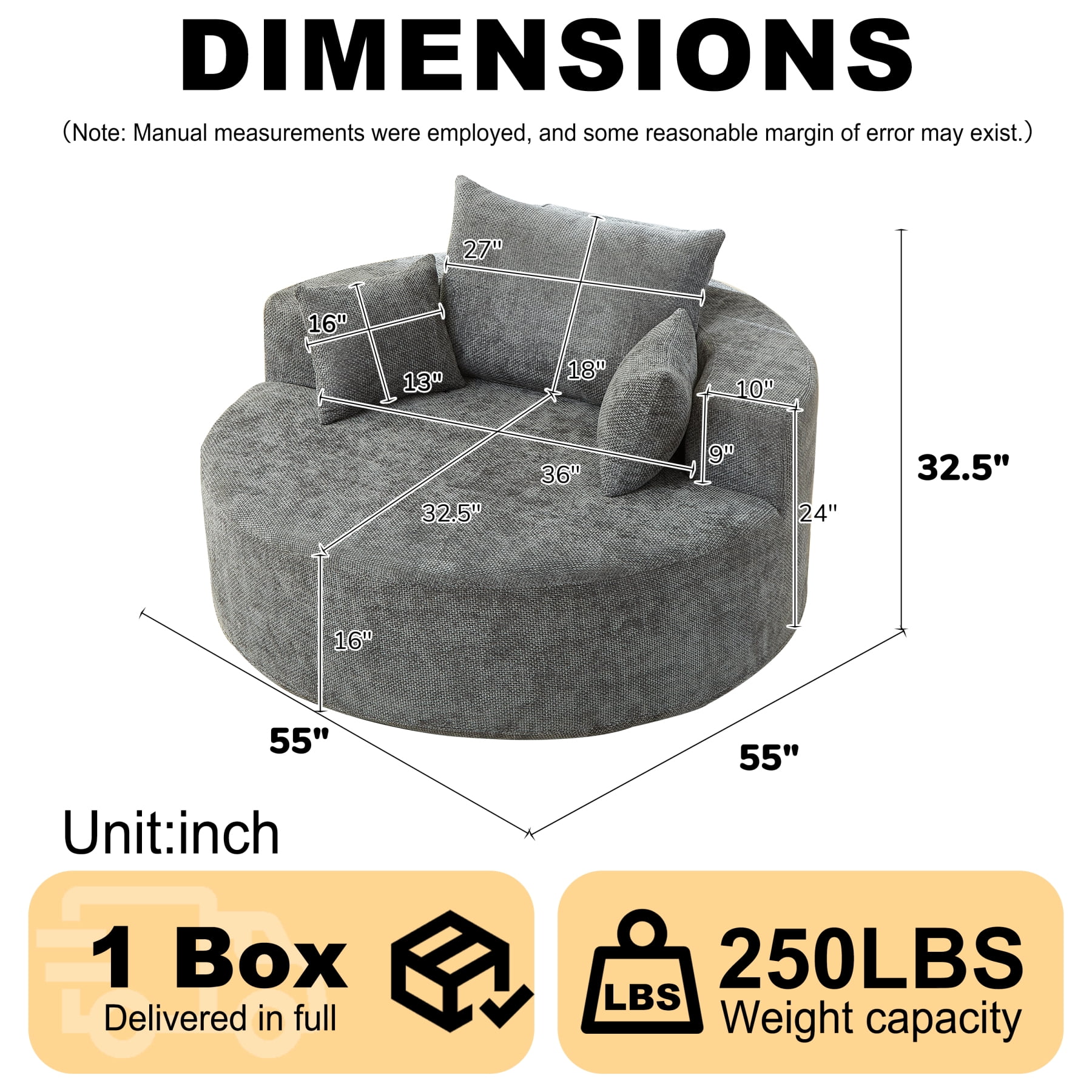 Leumius 55'' Oversized Round Chaise Longue Chair,Upholstered Chenille Single Cloud Circle Sofa Chair with Deep Seat,Fluffy Modern Sleeper Sofa Bed for Reading,Living Room,Bedroom,