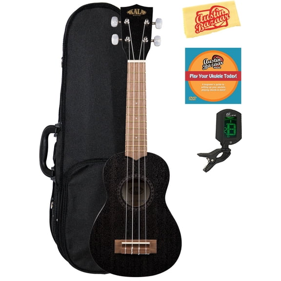 Kala KA-15S-BLK Satin Mahogany Soprano Ukulele - Black Bundle with Hard Case, Tuner, Austin Bazaar Instructional DVD, and Polishing Cloth