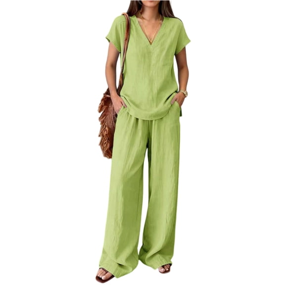 Lumtrix Linen Sets For Women 2 Piece Summer Lightweight V Neck Shirt Wide Leg Pants Dressy Casual Travel Lounge Outfit Matching Set Green XL