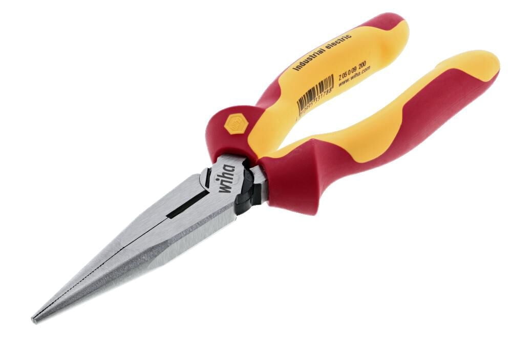 Wiha Tools Insul. Industrial Long Nose Pliers w/ Cutter 8" OAL. Industrial brushed finish. Two component ergo cushion grips.