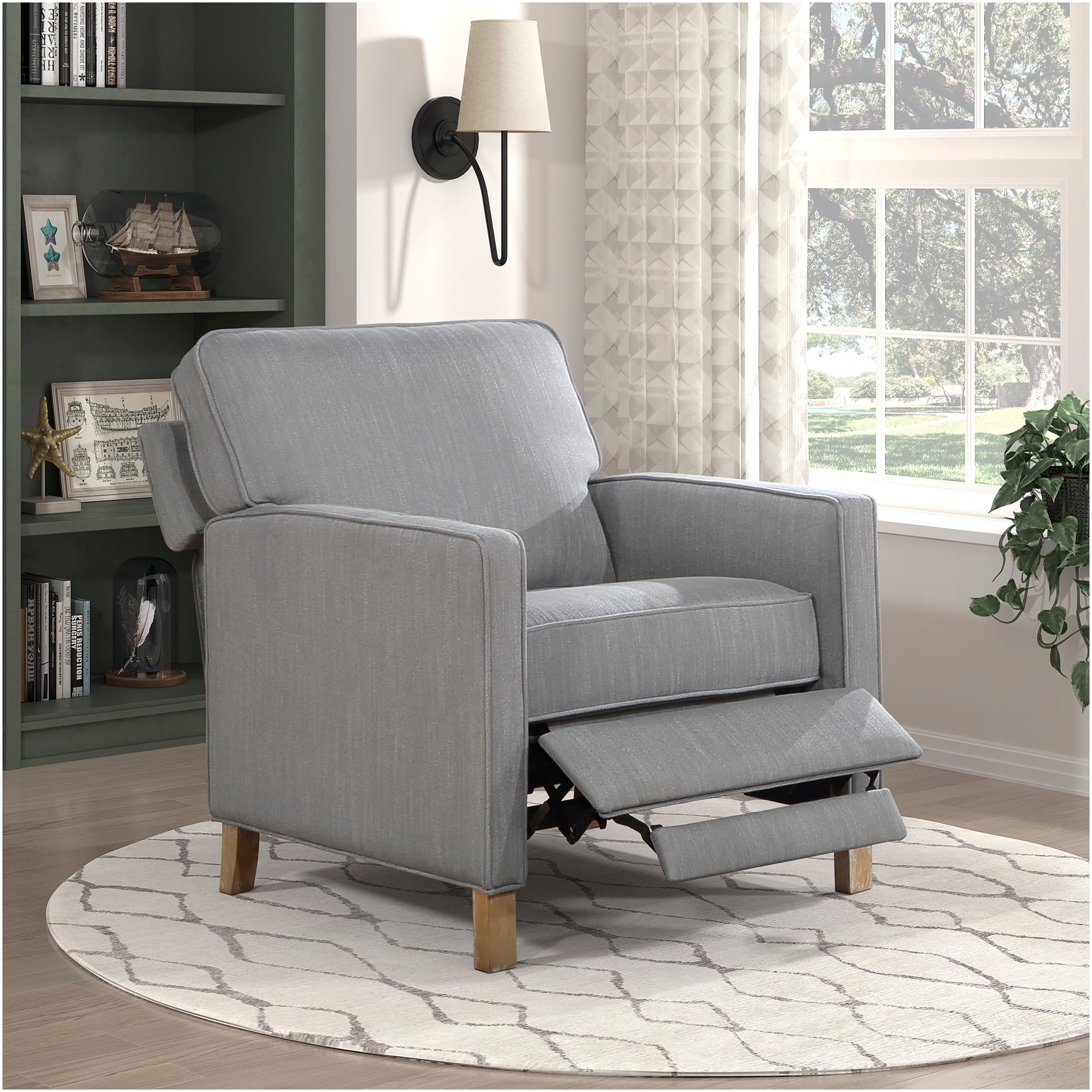 JERFIT Gray Fabric Recliner Chair, Traditional Push Back Reclining Armchair with Solid Wood Frame and Cushioned Seat for Living Room