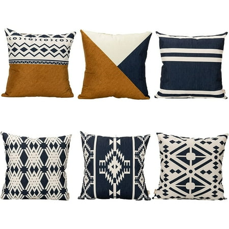 

Boho Throw Pillow Covers 18 x 18 Set of 6 Modern Stripe Geometric Farmhouse Decorative Pillow Cover Sets for Farmhouse Bed Couch Sofa Bedroom Car Office-Dark Blue