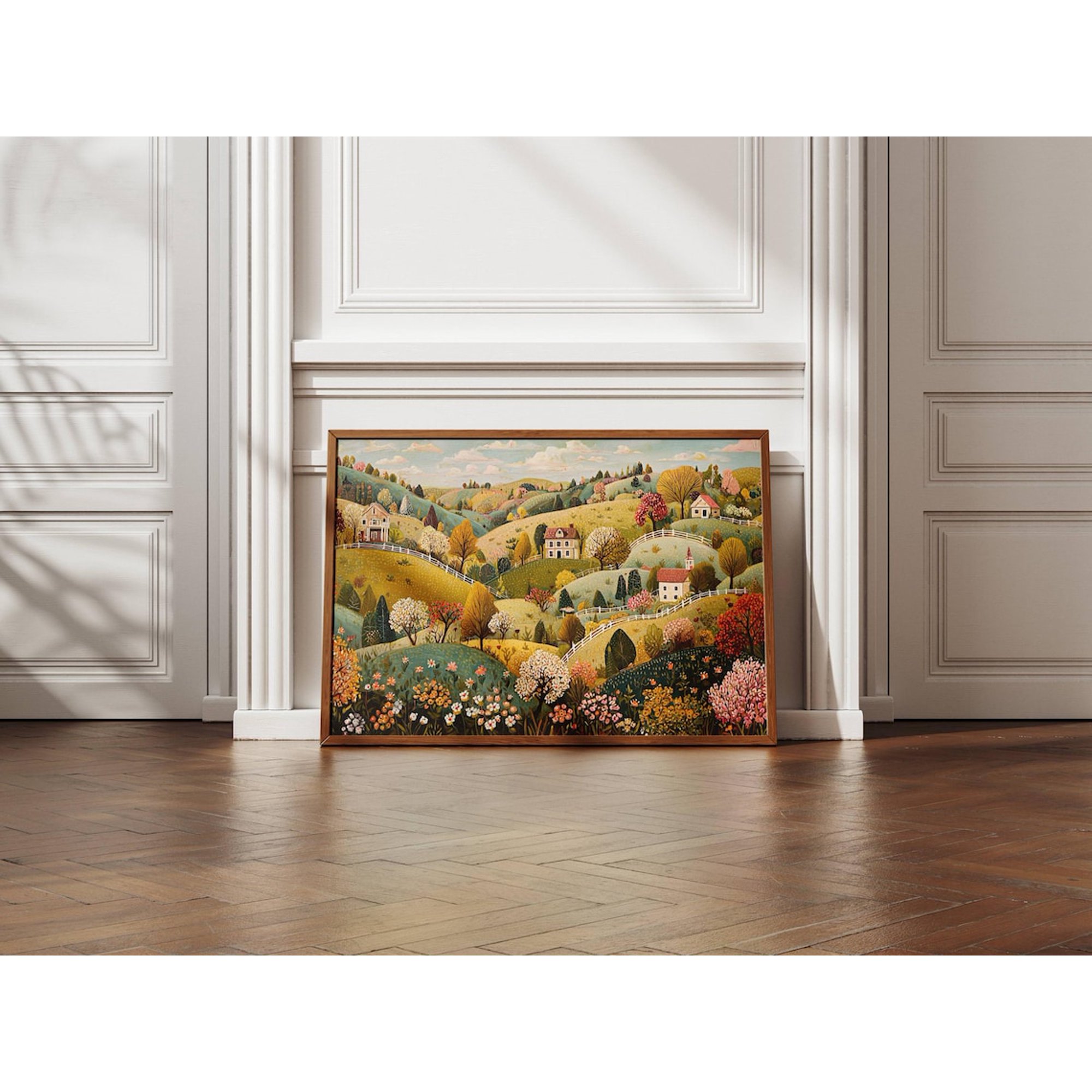 Whimsical Folk Art Village Floral Landscape Wildflower Colorful Countryside Spring Decor