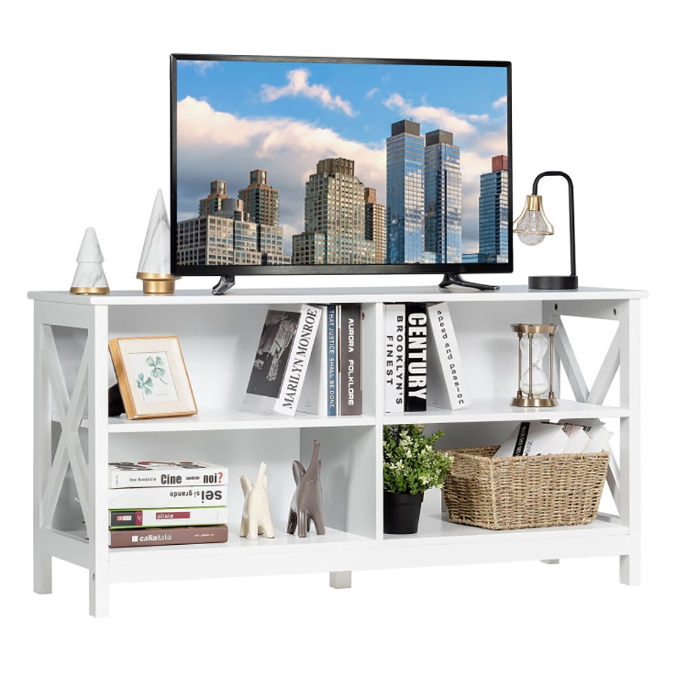 Finihen TV Stand, TV Cabinet, Wooden TV Stand Entertainment for TVs up to 55 Inch with X-Shaped Frame, Media Entertainment Center with Storage, for Living Room, Bedroom, White