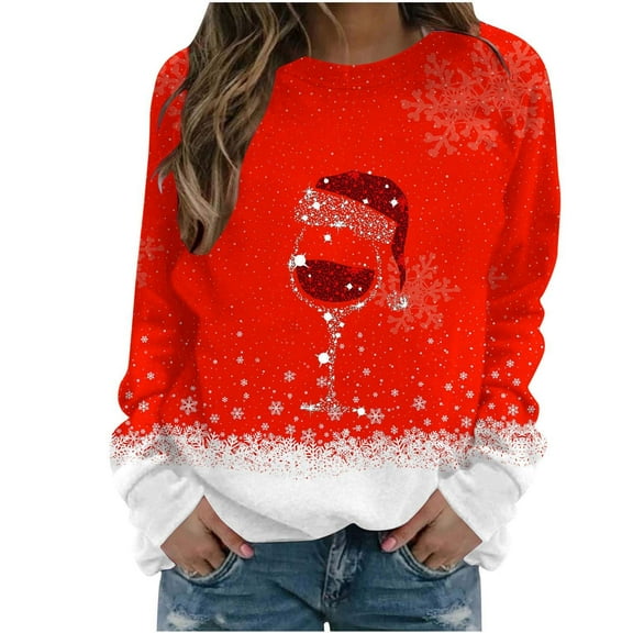 gakvbuo Christmas Sweater for Women Funny Christmas Sweatshirt Crewneck Xmas Print Long Sleeve Blouse Party Pullover Sweatshirt Tunic Tops Hoodless Shoulder Sweatshirt Gifts for Christmas