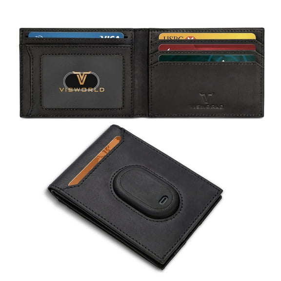 VISWORLD Men’s Bifold Full-Grain Leather Wallet Compatible with Samsung Galaxy SmartTag 2, RFID Blocking, 11 Card Slots (Black)