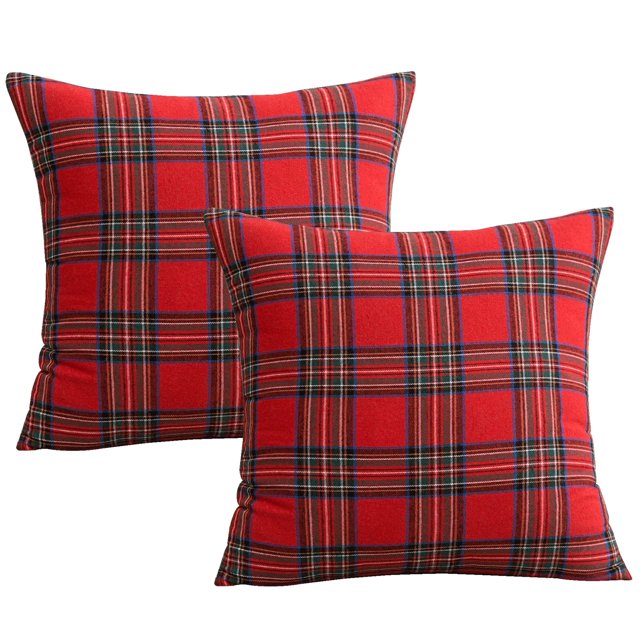 Fundas de cojín navideñas a cuadros 2 fundas de cojín a cuadros escoceses funda de cojín navideña decorativa 45 x 45 cm algodón poliéster para sofá dormitorio salón coche (cuadros grandes rojos)
