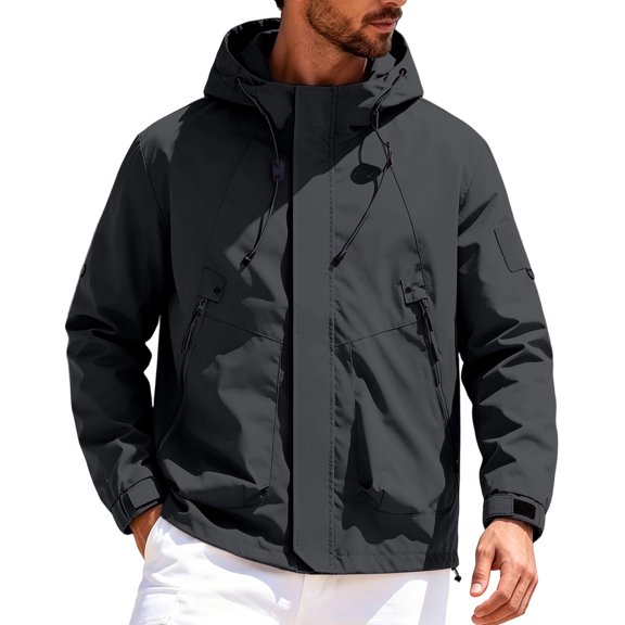 WRFWUL Mens Lightweight Hooded Windbreaker Jacket Zip Up Multi Pocket Outdoor Hiking Rain Shell Coat