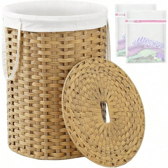Laundry Basket With Lid Round Rattan Laundry Hamper With Lid And Handles 29.1 Gal 110 L Handwoven Woven Basket With Removable Bags And 2 Mesh Bags For Bathroom Living Room Natural