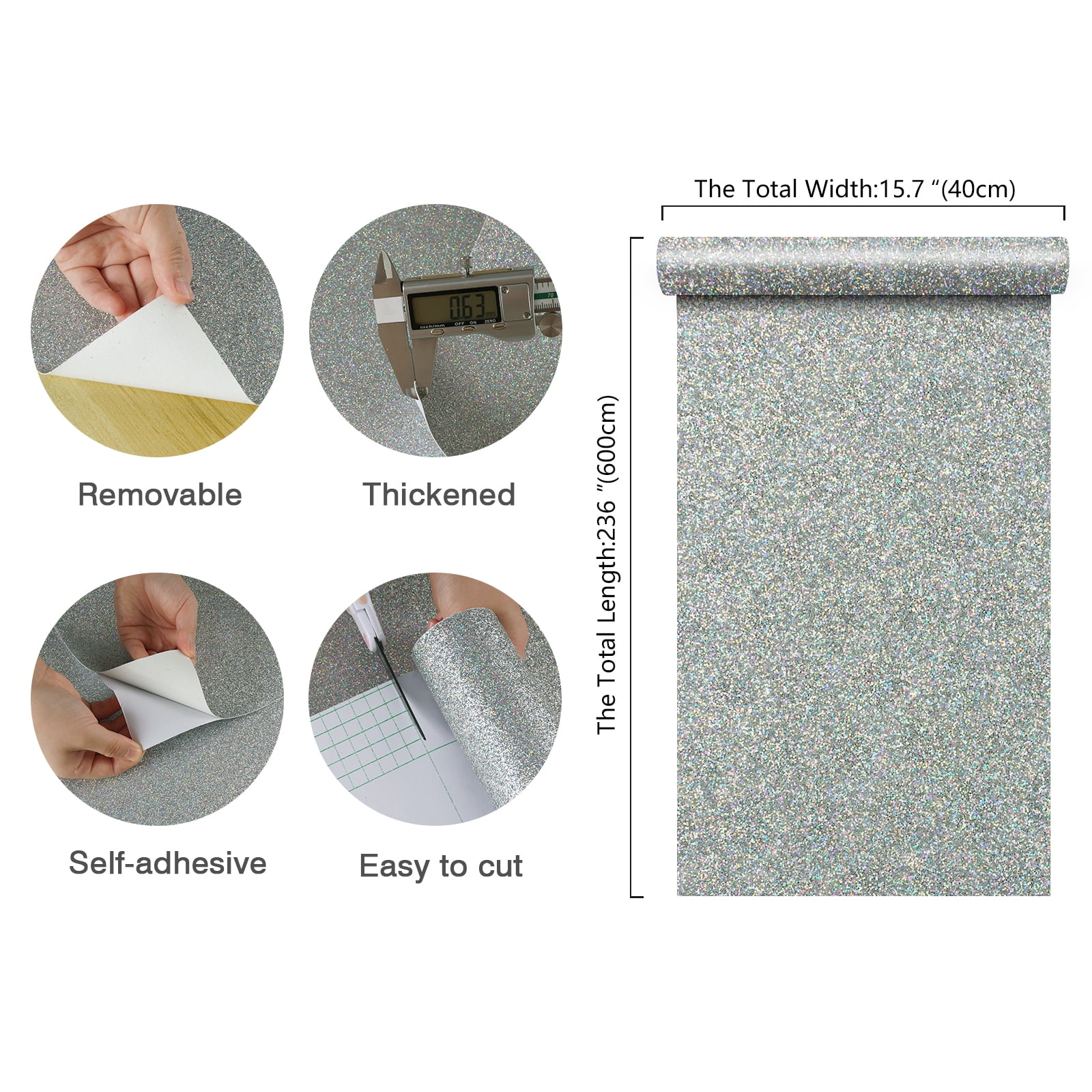 CHIHUT Peel and Stick Silver Holographic Glitter Contact Paper for Countertop Waterproof Removable Sparkle Glitter Fabric Wallpaper Self Adhesive Wall Paper for Cabinets Kitchen 15.7''x236''