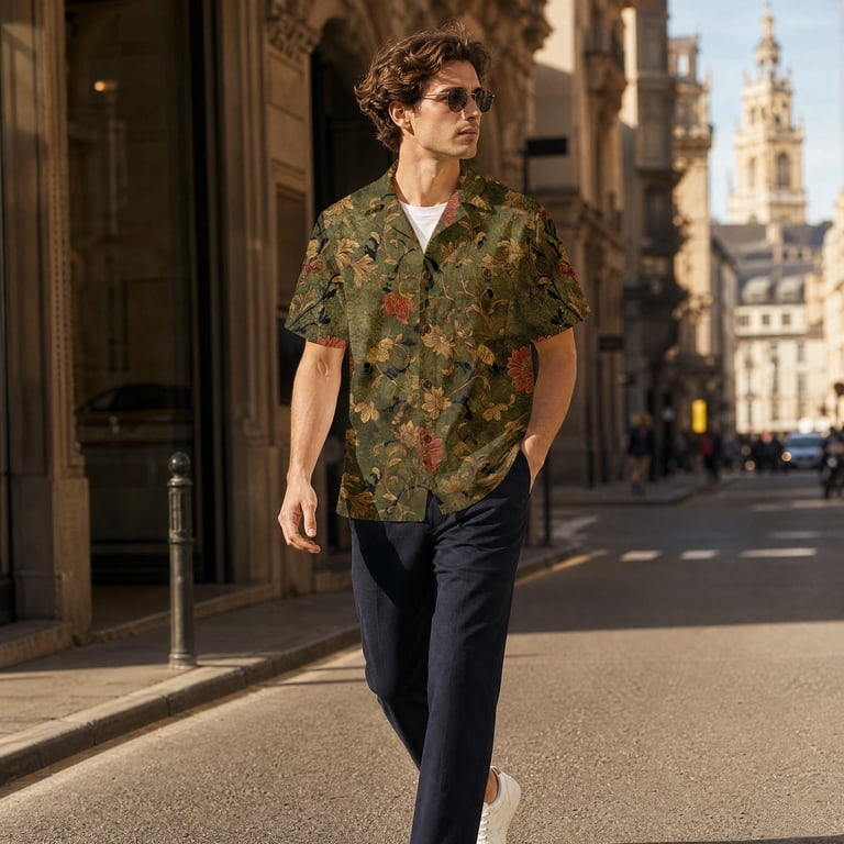 Lttvqm Button Down Shirts Men Casual Floral Print Short Sleeve Breathable Linen Shirts Summer Fashion Beach Vacation Pocket Blouses Army Green 3XL