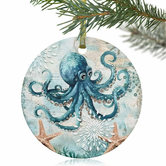 Ocean Octopus Starfish Monster Christmas Ceramic Ornament 2025,3" Round Xmas Tree Hanging Accessories with Gold Ribbon