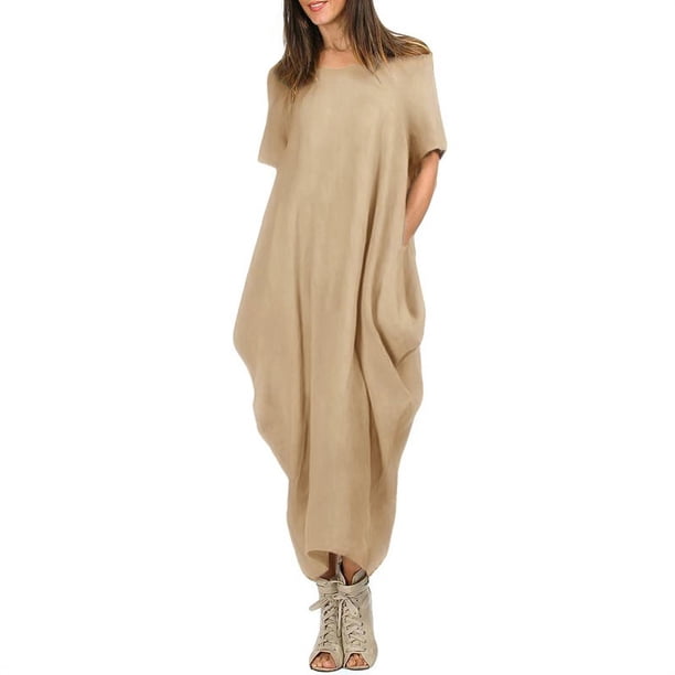 Vestido largo suelto para mujer, vestido extragrande de verano de manga corta con cuello redondo Romacci Caqui M