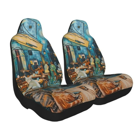 Goofa Whimsical Cats Night Cafe Printed Car Seat Covers Automotive Seat Covers for Cars Trucks and SUVs Quick Setup Universal Fit Elastic Seat Covers-1