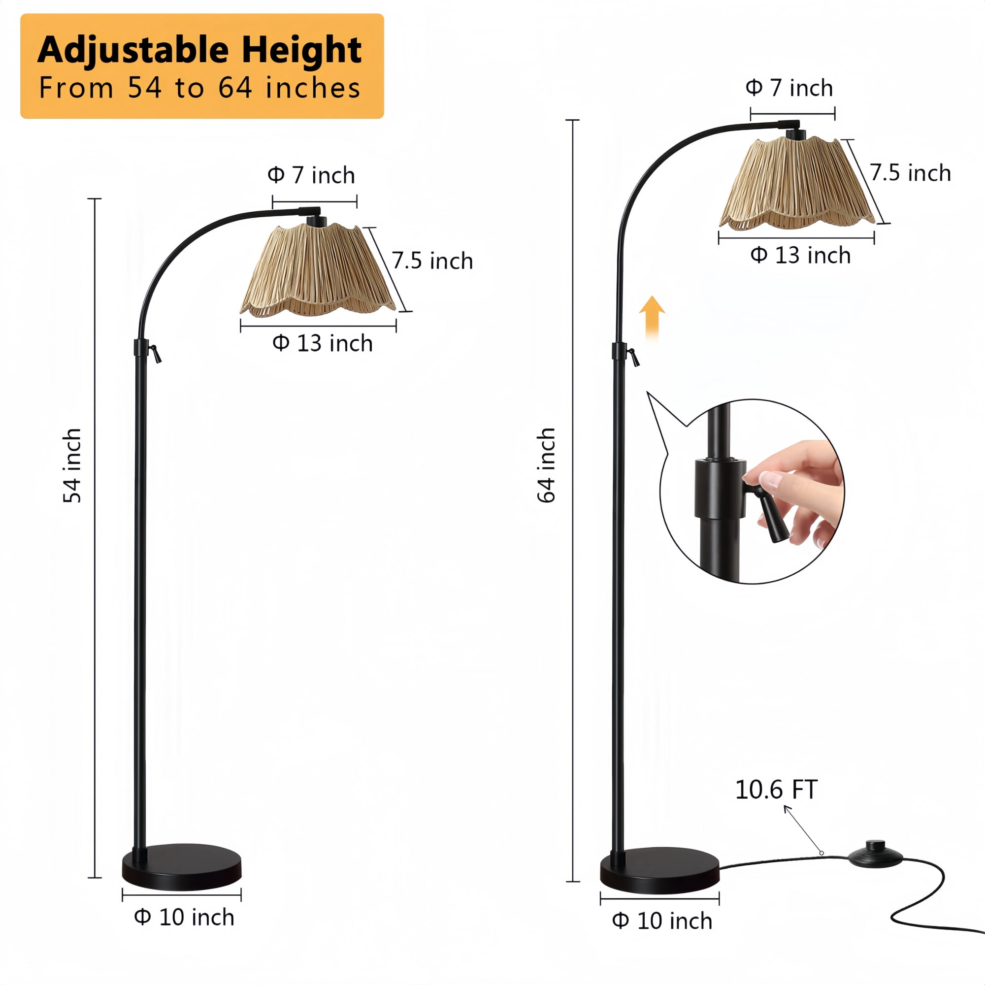 RORIA Adjustable Arc Floor Lamp with Paper-Woven Shade, Black Metal Standing Lamp with Foot Switch, 54-64” Height Adjustable, for Living Room Bedroom Office.