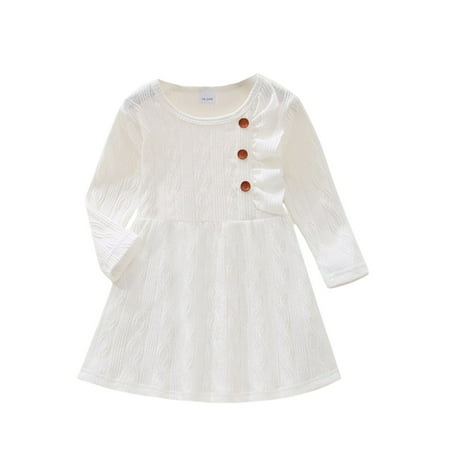 

Sunisery Toddler Kids Baby Girls Dress Long Sleeve Round Neck Buttons A-Lined Midi Dress Princess Dress White 2-3 Years