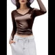 thumbnail image 2 of Camiseta Básica Ajustada de Punto Acanalado con Cuello en V y Larga para Mujer Marrón XL, 2 of 7
