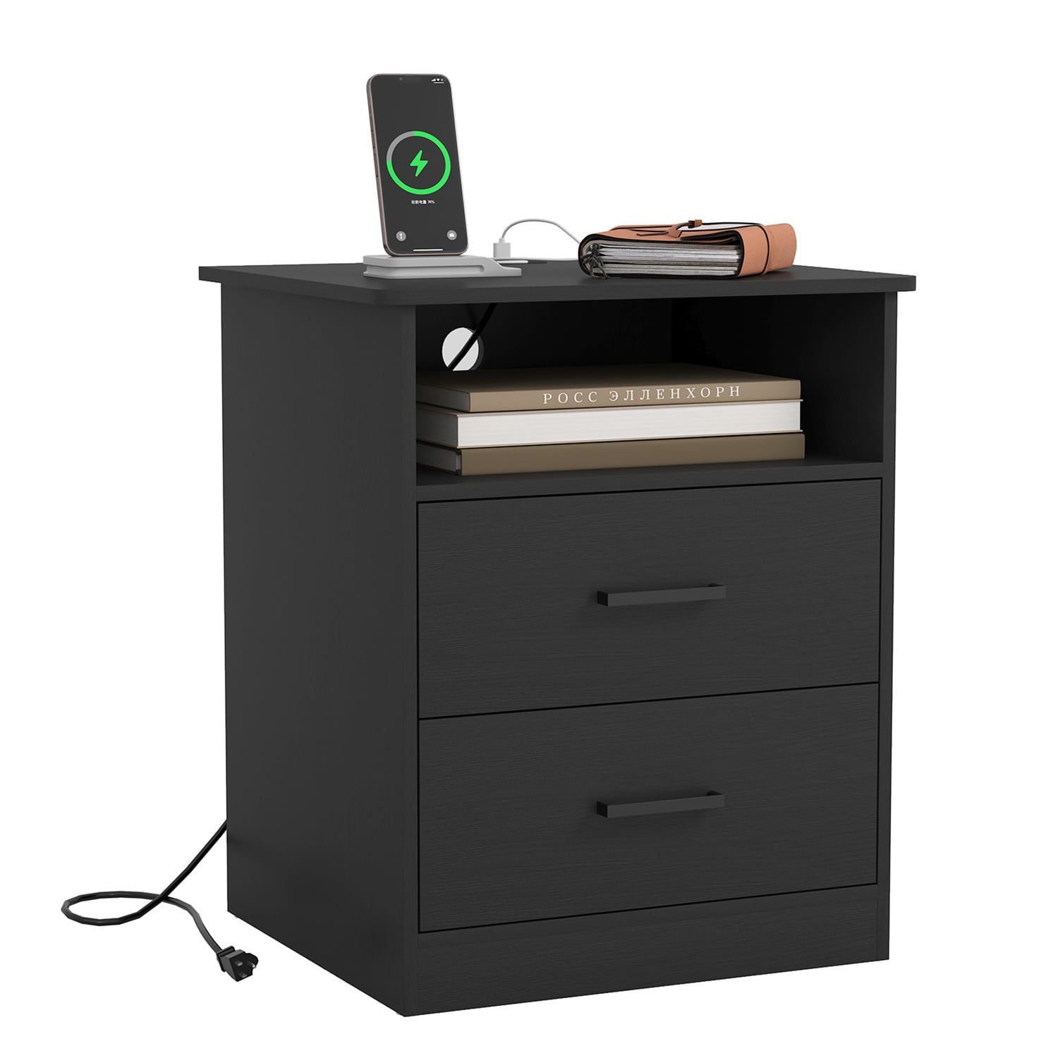 Hommoo Modern Nightstand with 2 Drawers and Open Shelf, End Side Table Bedside Table with Charging Station, Black