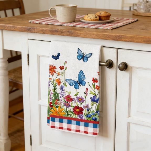 Taicans Watercolor Wildflower & Blue Butterfly Kitchen Towels,4Th of July Kitchen Towels,Spring Floral Decorative Dish Towels,Absorbent Reusable Hand Towels for Bathroom,Farmhouse Kitchen Decor