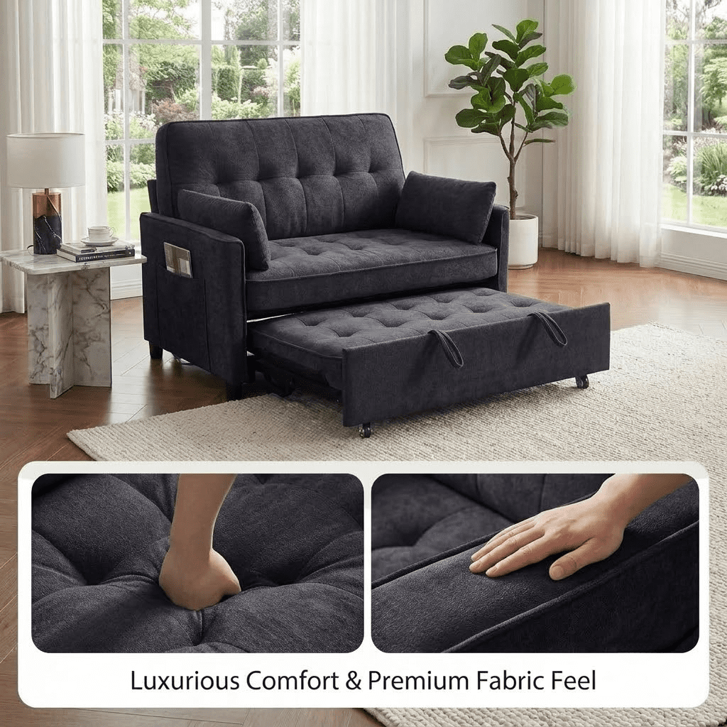 Howcool 55" Sleeper Sofa Bed, 3-in-1 Pull Out Convertible Loveseat Couch with 5-Level Adjustable Backrest, USB Port & Side Pocket, Terry Fabric Sofa for Living Room, Bedroom & Small Spaces, Black