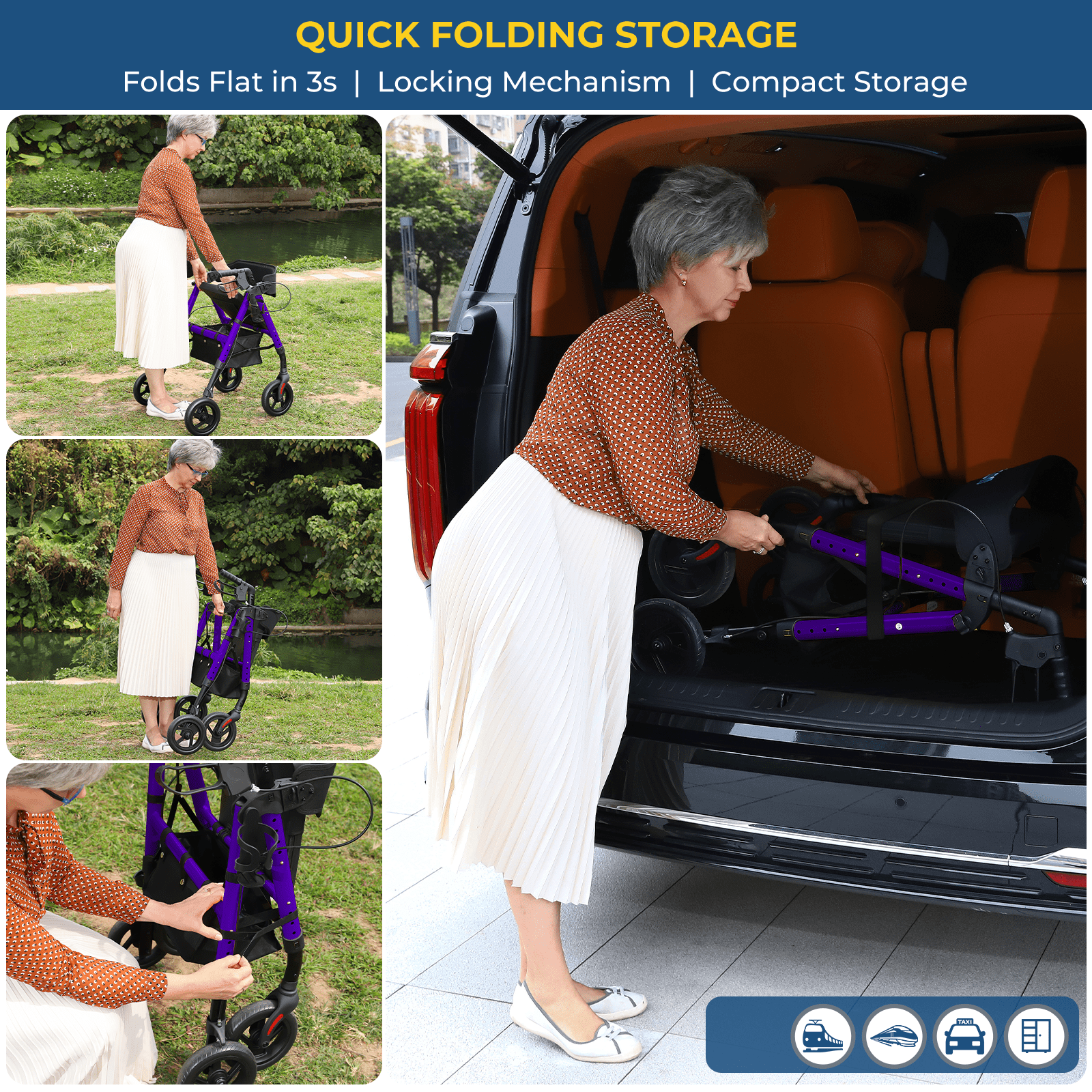 Lightweight Foldable Rollator Walkers for Seniors with Seat - Adult Rolling Walker with Seat and Brakes, 300 Lb Capacity, All Terrain 8" Big Roller Wheels, Adjustable Handles and Seat Height, Purple