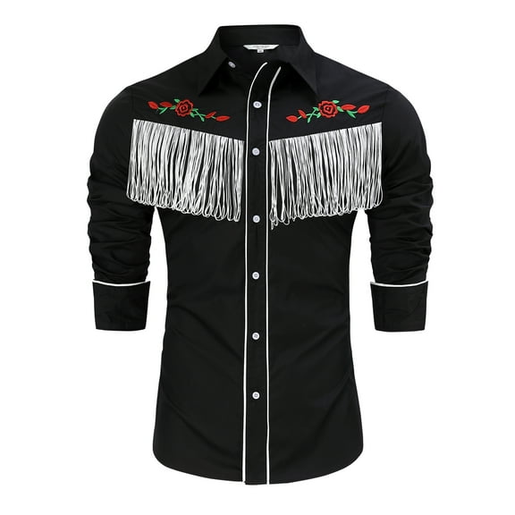 Men's Western Cowboy Fringe Shirt Long Sleeve Rose Embroidered Slim Fit Button Down Shirt