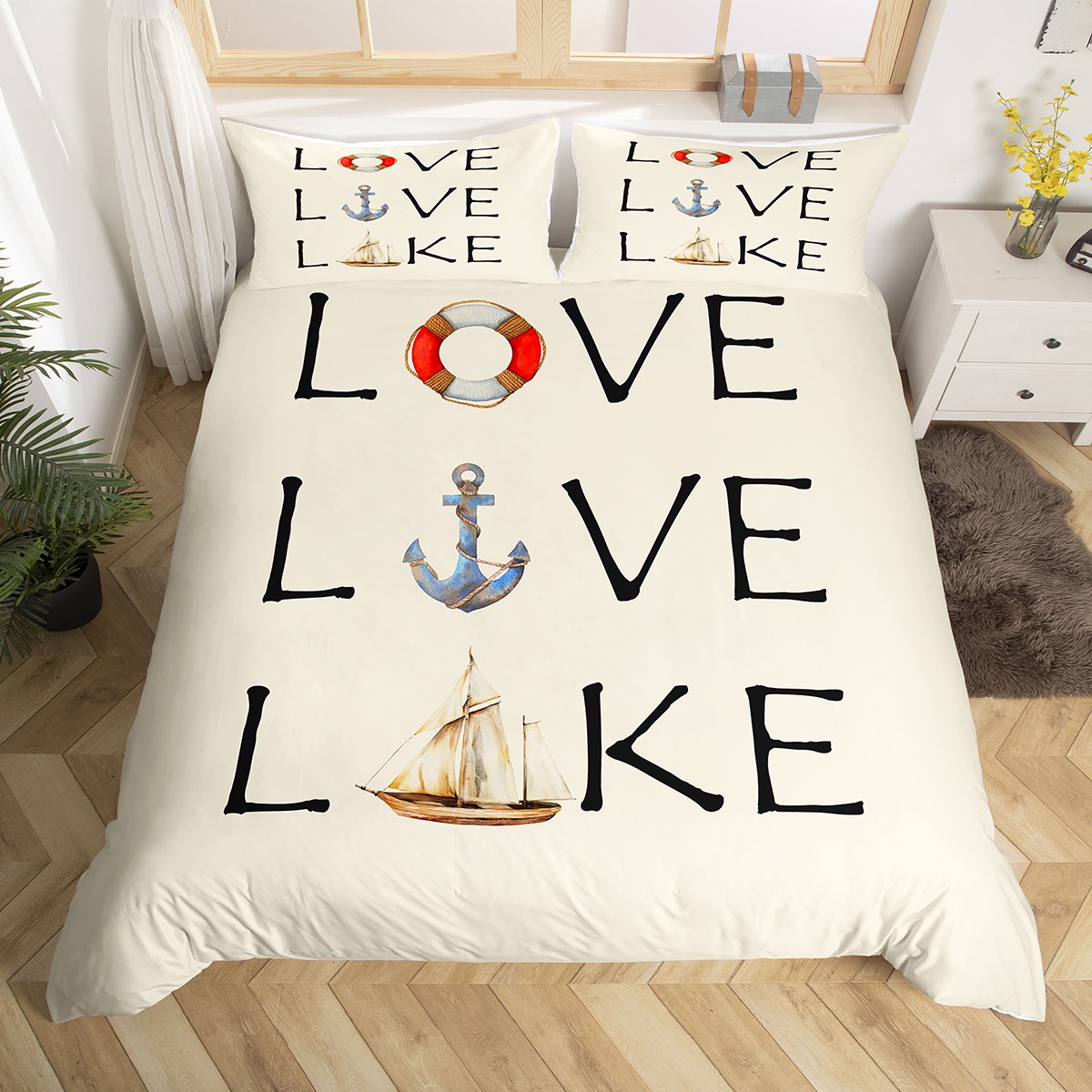 Lake House Duvet Cover Full Size, Nautical Anchor Bedding Set For Kids