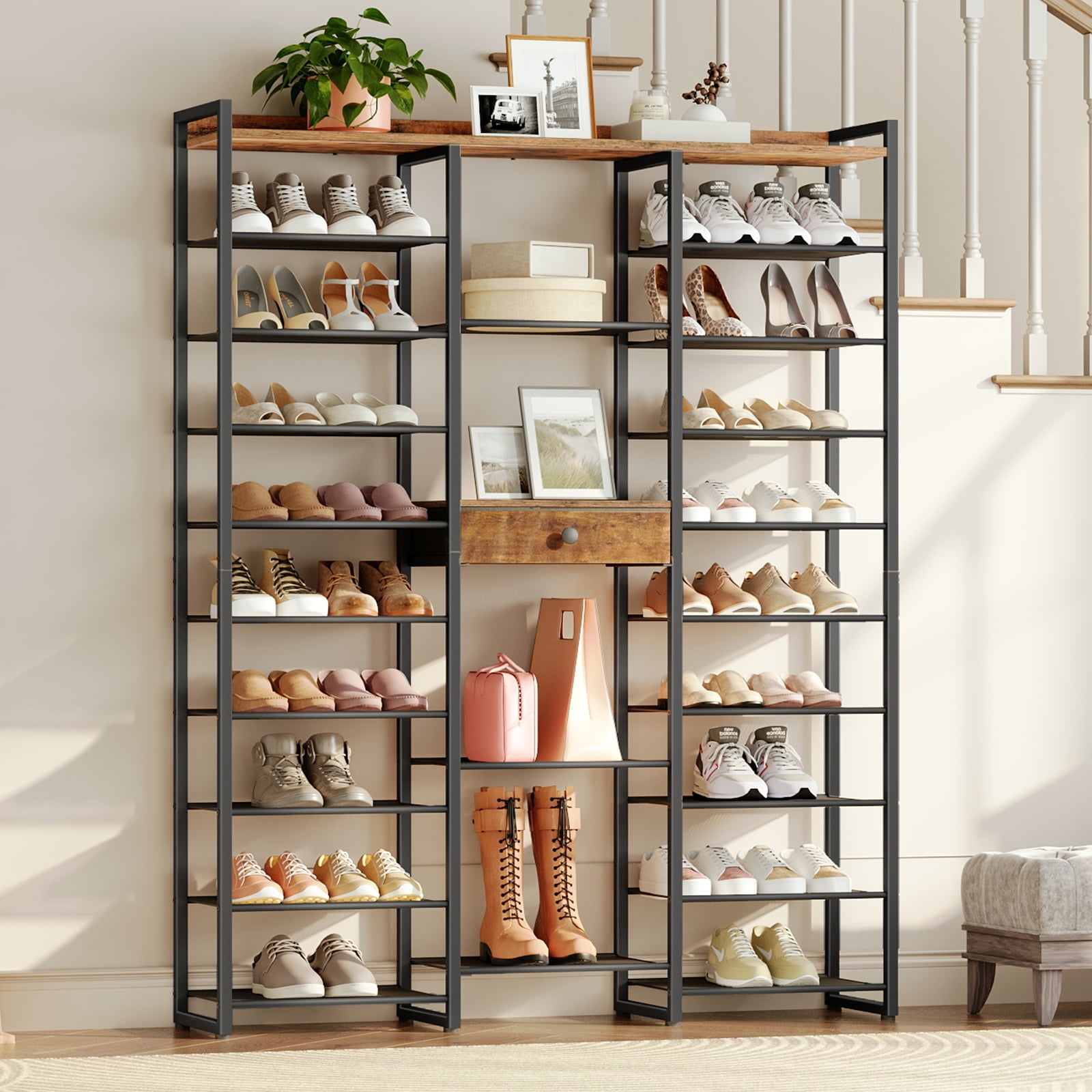 HOOBRO 10-Tier Shoe Rack Tall, Shoe Storage Organizer, 63-Inch Tall Storage Rack with Fabric Drawer, Sturdy Metal Support and Adjustable Feet, for Living Room, Rustic Brown and Black BF120XJ01