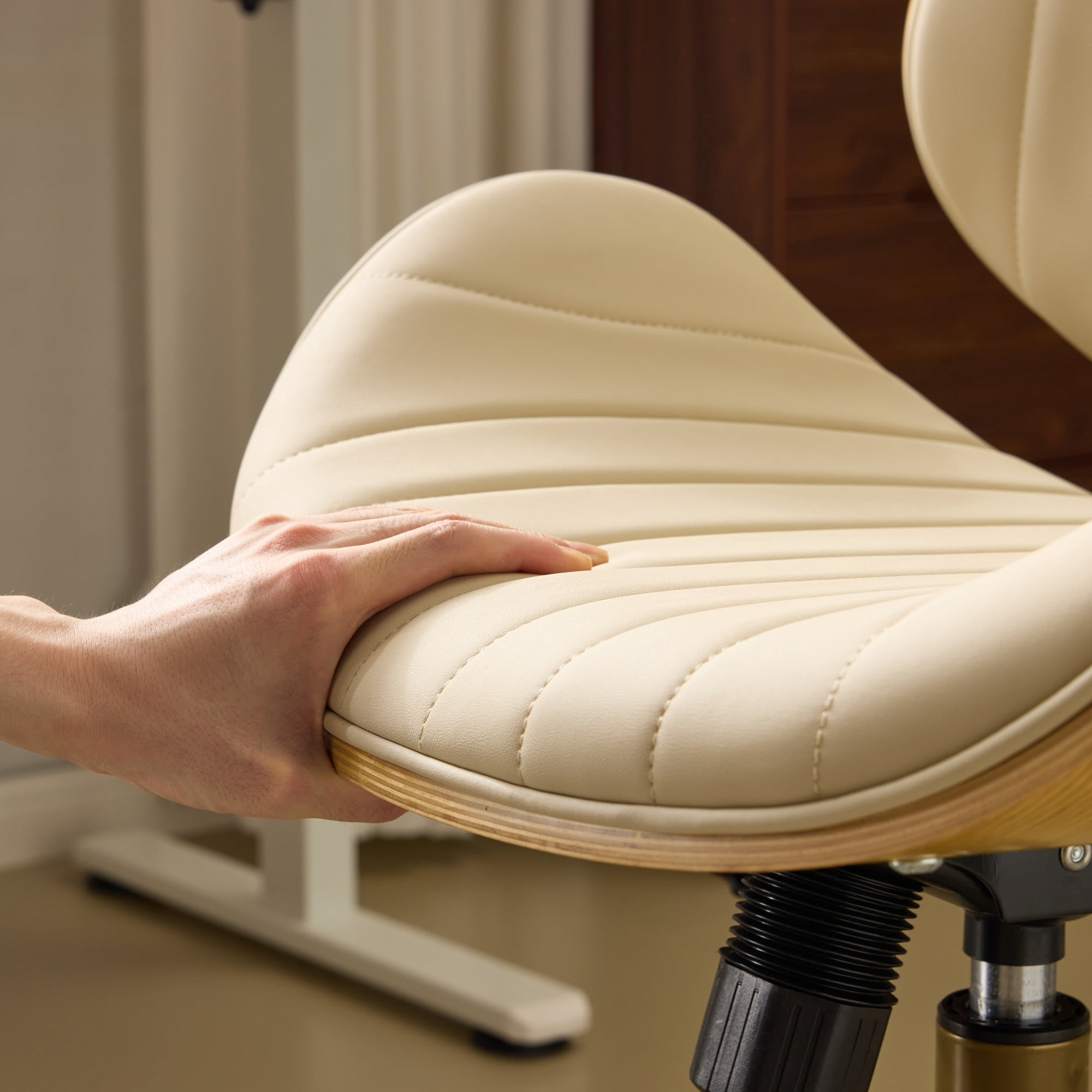 Ktaxon Armless Office Chair, Curved Wood Accent Desk Chair with Swivel Seat, PU Task Chair for Study, Makeup Vanity Beige