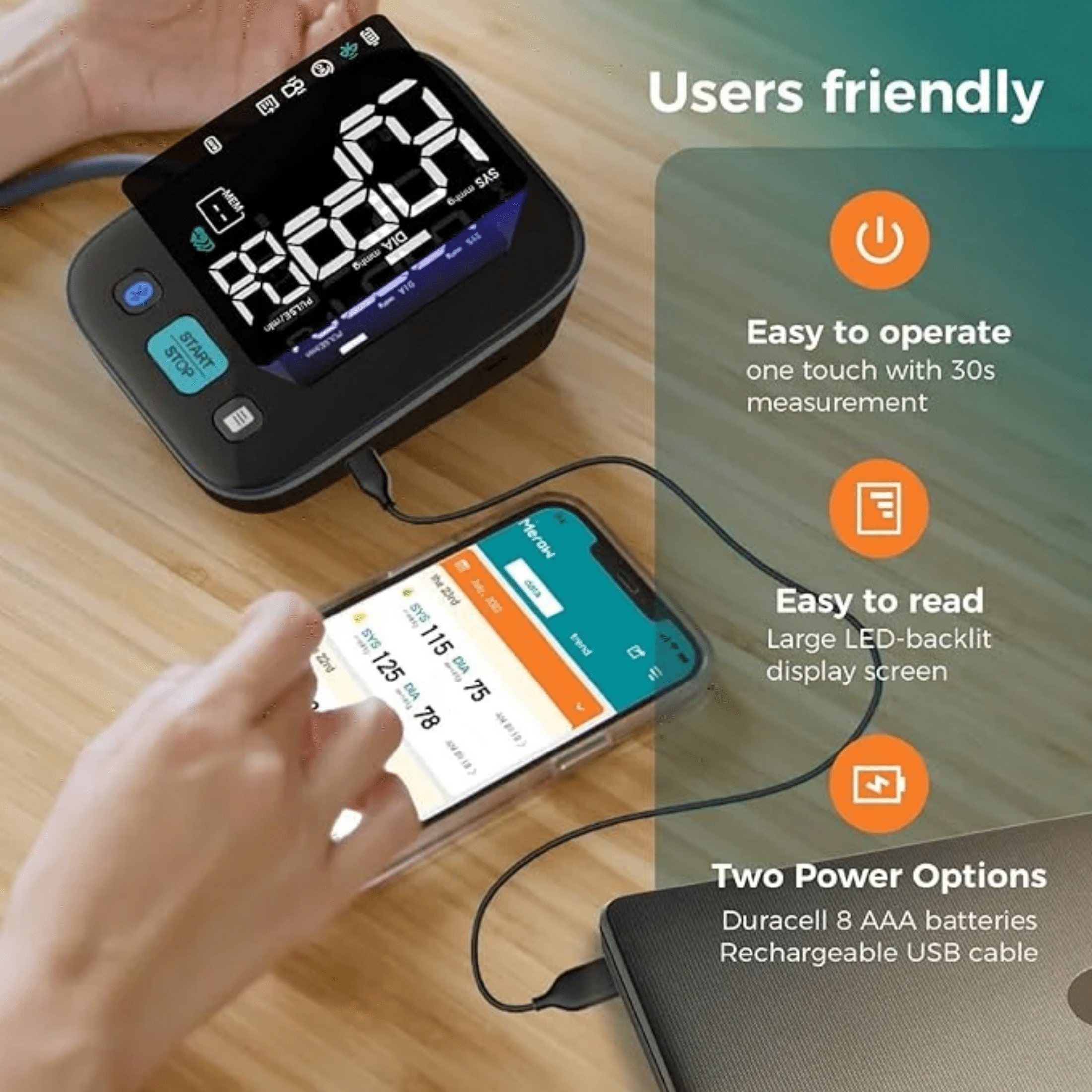 Meraw Cedar Blood Pressure Monitor, Upper Arm, Bluetooth, Automatic, 8.7"–16.5" Cuff, Black