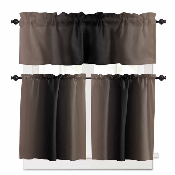 Brown Black Ombre Kitchen Curtains and Valances Set, 3 Piece Kitchen Curtains Set 24 Inch Length, Modern Gradient Abstract Art Rod Pocket Curtains Tier Farmhouse Window Curtains