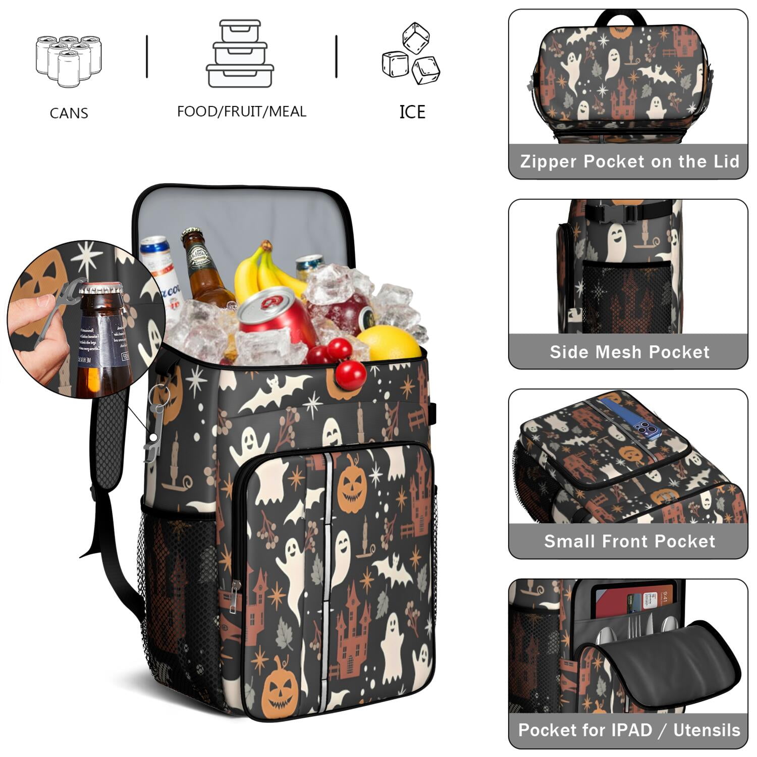 Travel Cooler Bag - Autumn Halloween Scene Pattern Camping Beer Cooler Backpack with Bottle Opener- Waterproof Insulated Picnic Backpacks - Cooler Bag for Beach