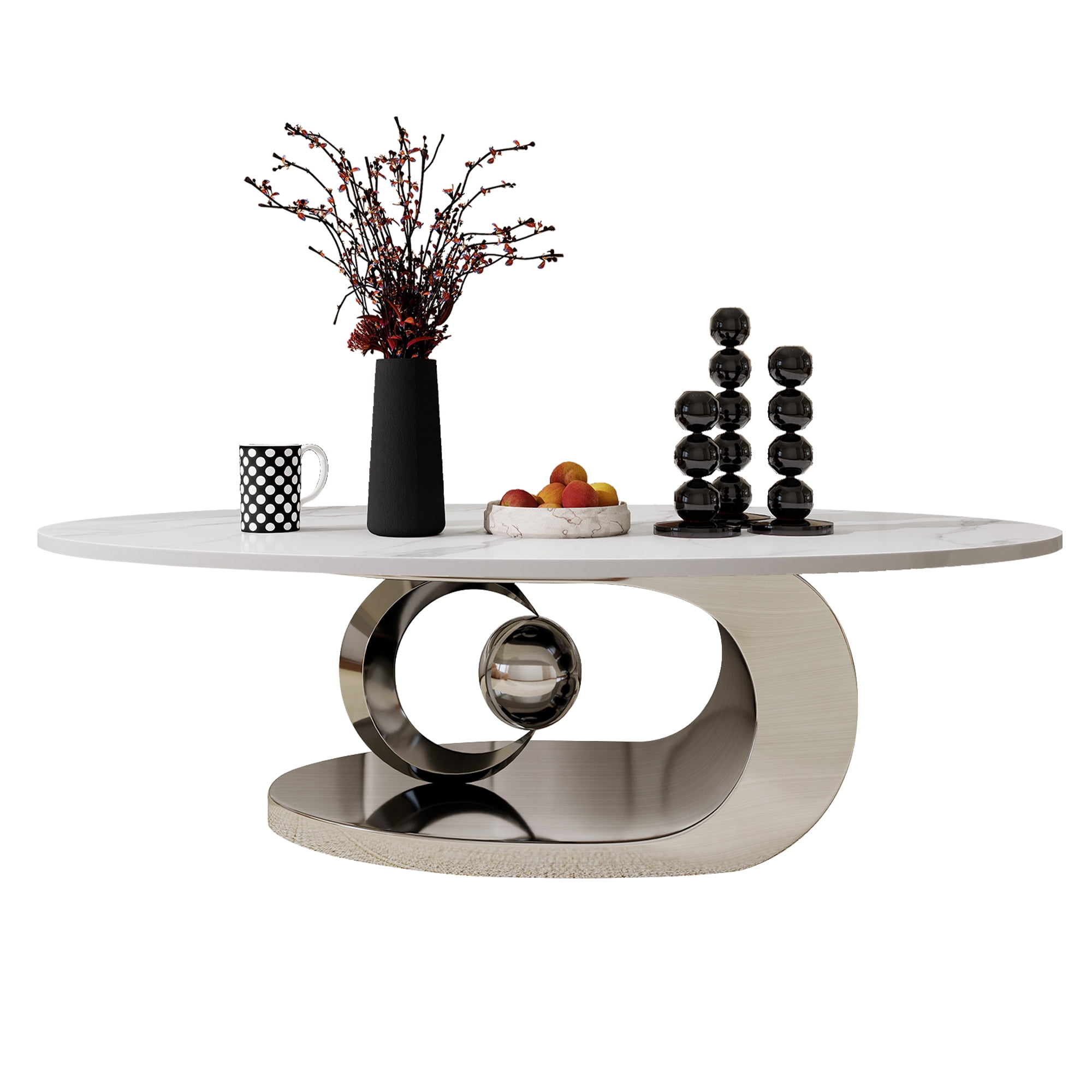 Oval Coffee Table Modern Minimalist Faux Marble Top with Sculptural Grey Stainless Steel Base Luxury SpaceSaving Design art deco coffee table 51.2"L x 27.6"W
