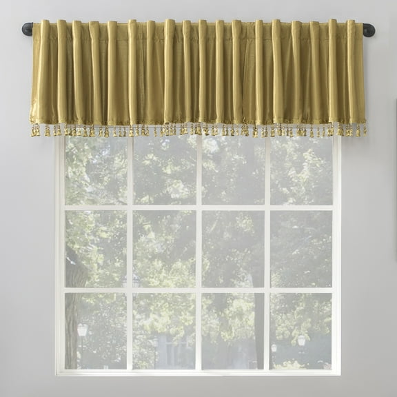 Sun Zero Evelina Faux Dupioni Silk Beaded Tassels Thermal Extreme 100% Blackout Back Tab Curtain Valance,50" X 17", Gold
