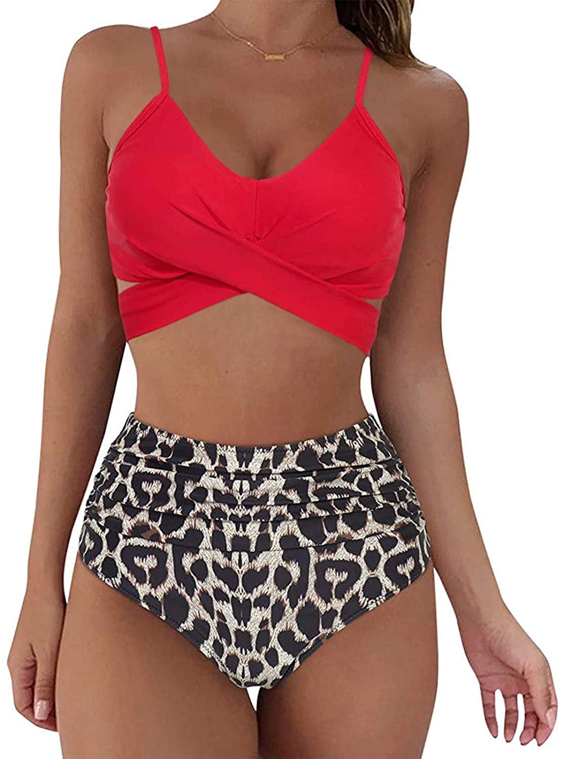leopard halter high waisted bikini swimsuit