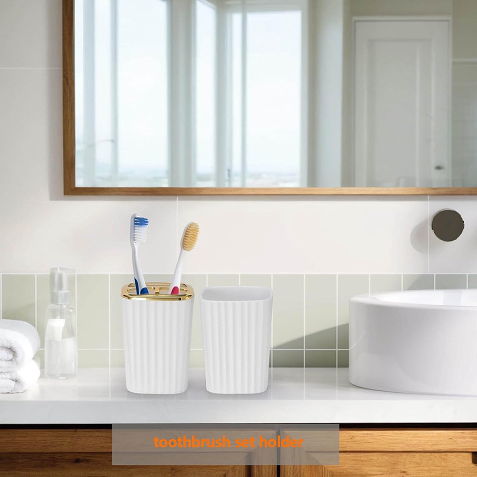 Bathroom Accessories Set,9 Piece White Bathroom Sets Complete With Toothbrush Holder, Trash Can, Lotion Soap Dispenser, Toothbrush Cup, Vanity Tray, Soap Dish, Toilet Brush, Qtip Holder