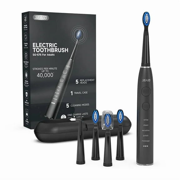 Seago Sonic Electric Toothbrush for Adults with Travel Case ,Rechargeable Power Toothbrush, 5 Replacement Heads, 5 Cleaning Modes, 300-Day Battery Life SG-575Blue