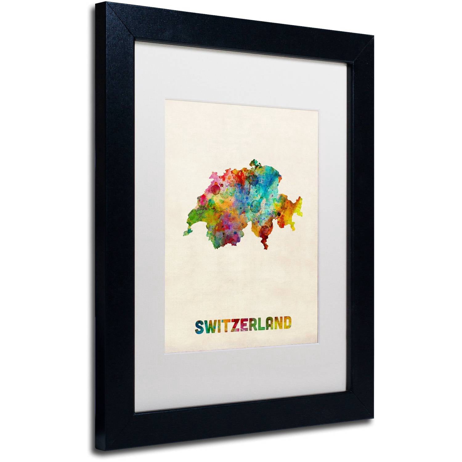 Trademark Fine Art 'Switzerland Watercolor Map' Canvas Art by Michael Tompsett, White Matte, Black Frame