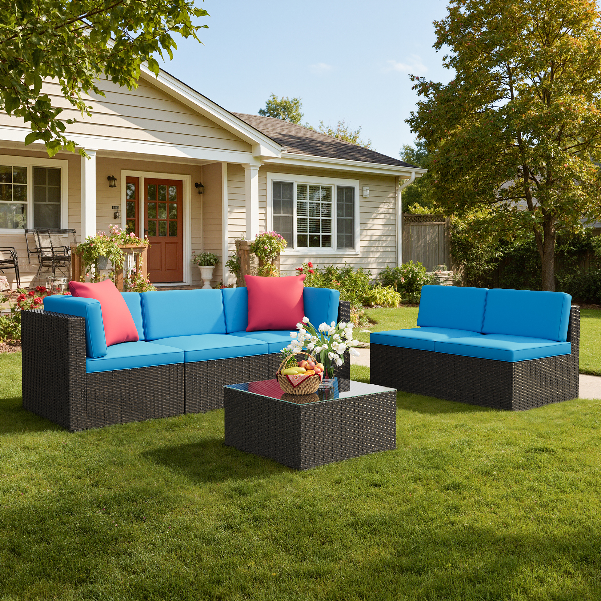Lacoo 6 PCS Patio Outdoor Furniture Wicker Sectional Sofa with Cushion, Blue