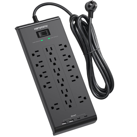 Power Strip HANYCONY de 10 pies con 16 salidas y 4 puertos USB, color negro
