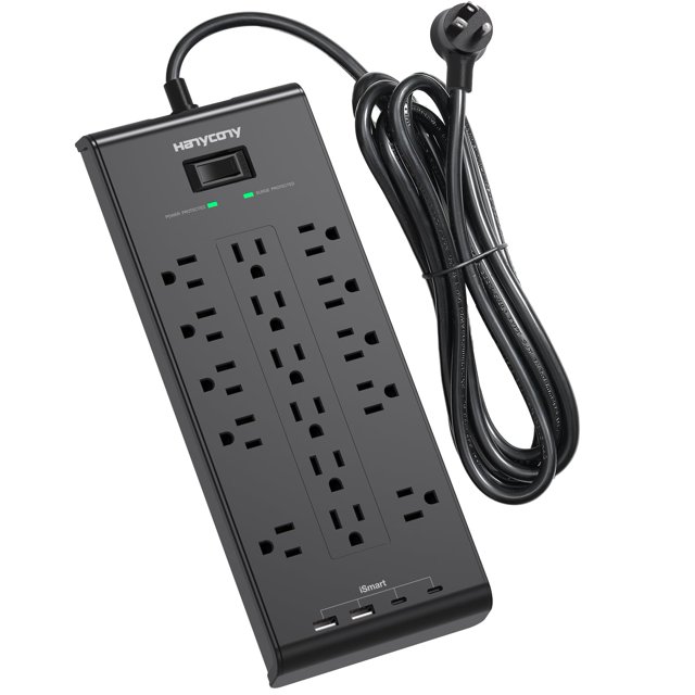 Power Strip HANYCONY de 10 pies con 16 salidas y 4 puertos USB, color negro