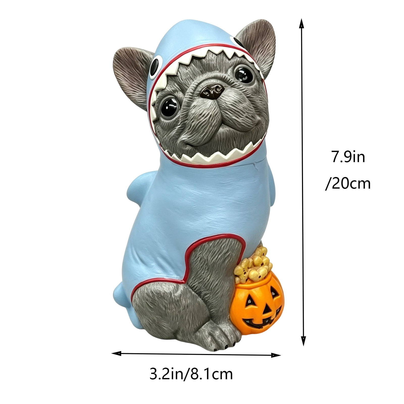 Halloween French Bulldog Statue, Resin Shark Costume Dog Figurine with Light Up Pumpkin Candy Bowl, Holiday Tabletop Porch Indoor Outdoor Decor, 7.87in