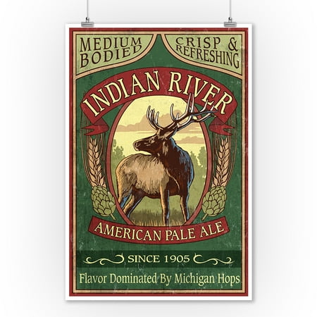 Indian Pale Ale - Indian River, Michigan - Elk Pale Ale Vintage Sign - Lantern Press Artwork (9x12 Art Print, Wall Decor Travel Poster)