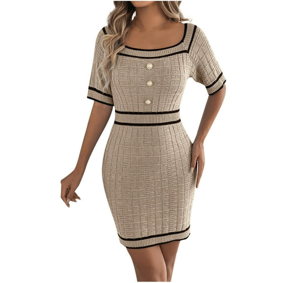 ZQUUVOU Women's Knit Sweater Dress Short Sleeve Square Neck Button Front Contrast Trim Fitted Bodycon Mini Dress Khaki