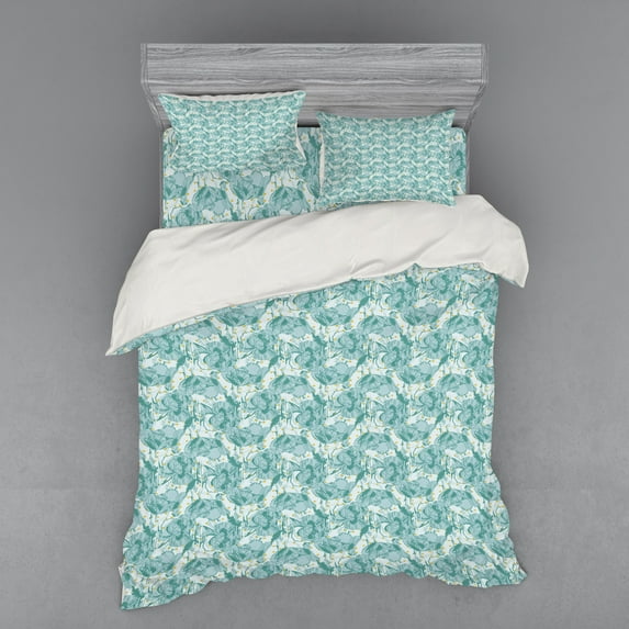 Ambesonne Floral Bedding Set 4 Pcs, Abstract Poppy in Retro Art, Queen, Pale Blue Cadet Blue