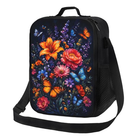 Vibrant Butterfly Floral Lunch Bag Insulated Thermal Lunch Box with Shoulder Strap & Handle for Women and Men