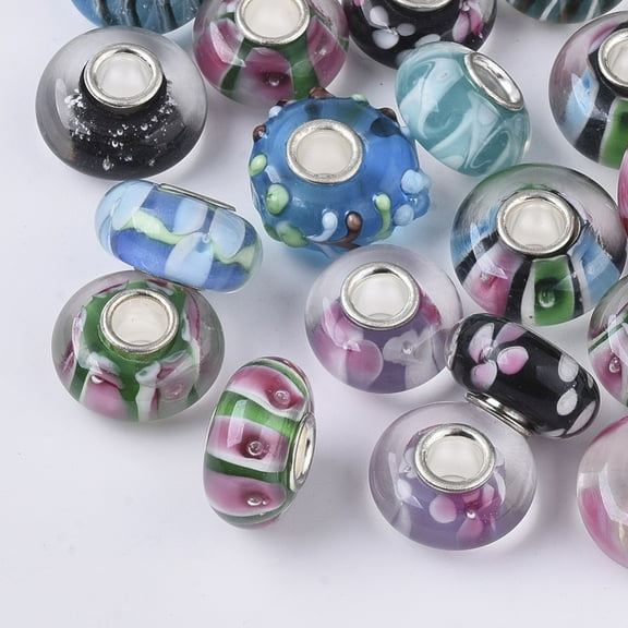 20pcs Handmade Lampwork European Beads Large Hole Beads with Silver color Brass Single Cores Rondelle Mixed color 14x7.5mm Hole: 4mm